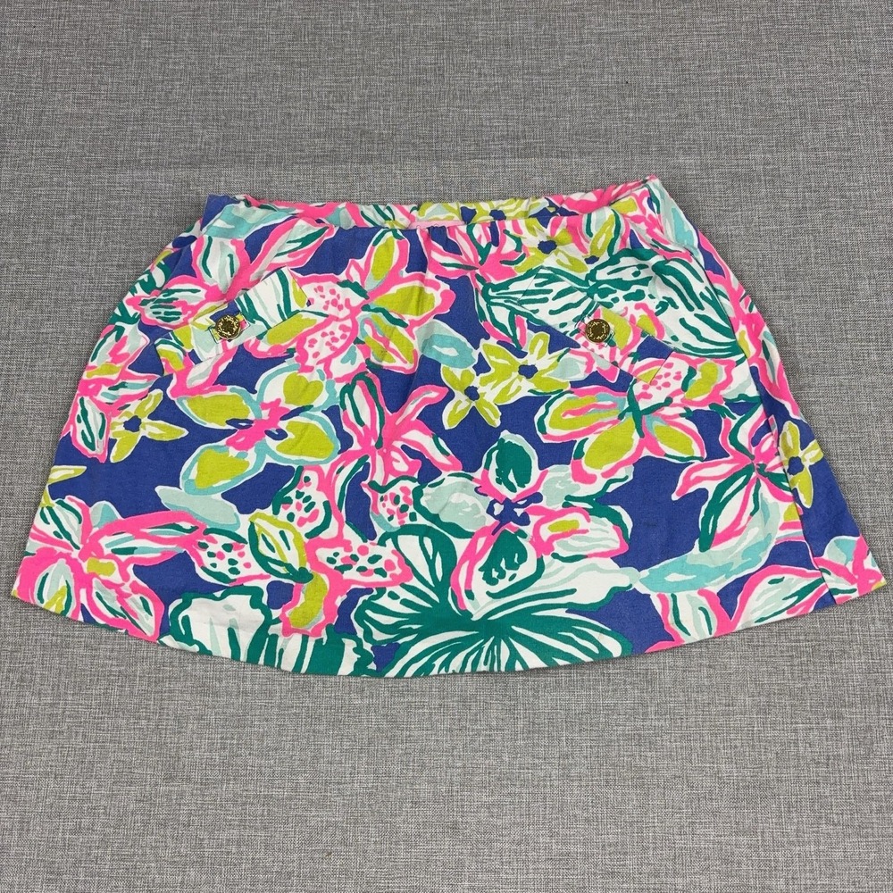 Lilly Pulitzer Skort Womens Small Blue Floral Short Lined Pockets Elastic Waist